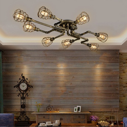 Industrial Cage Ceiling Light Steampunk Chandelier Lamp in Antique Brass Finish - Picture 3 of 7