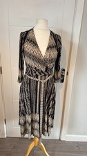Monsoon Black Beige Animal Print Wrap Midi Dress Women UK 8-10 S Party B55
