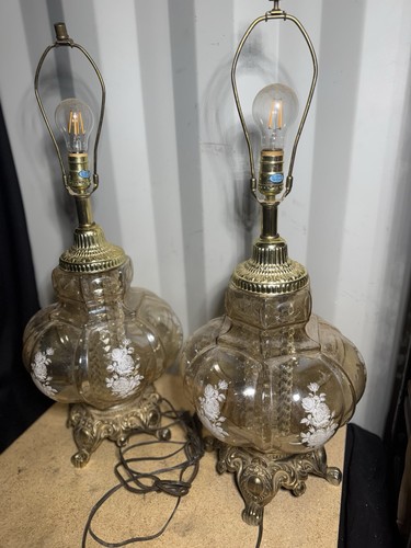 Accurate Casting Glass Bubble Leviton Lamp Dotted & Etched w/ Roses Bronze/Brass - Picture 2 of 6