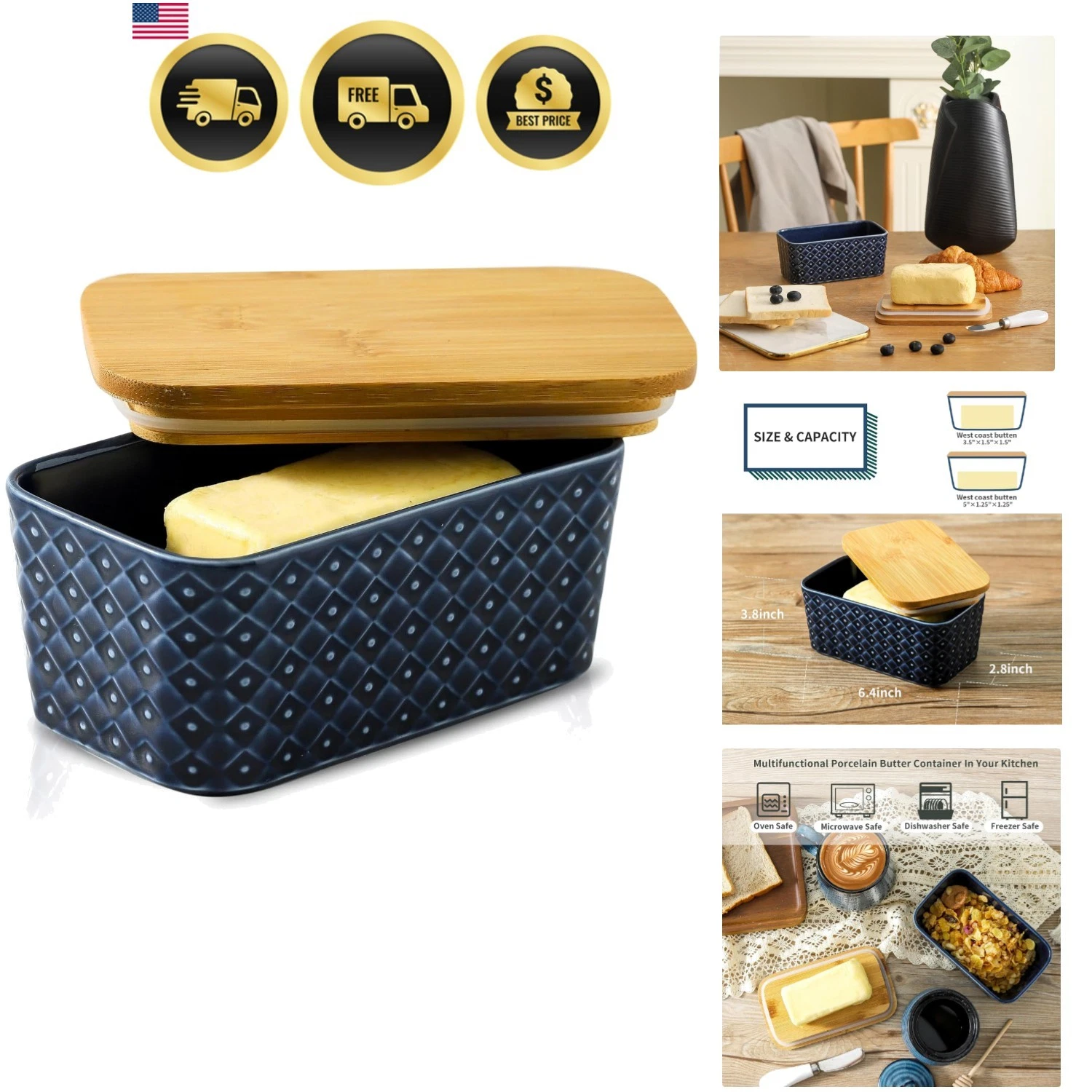 Ceramic Butter Dish with Lid,Large Butter Container with Airtight Cover for C...