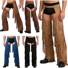 US Men's Cowboy Assless Pants Fringe Hollow Out Western Chaps Trousers for Party
