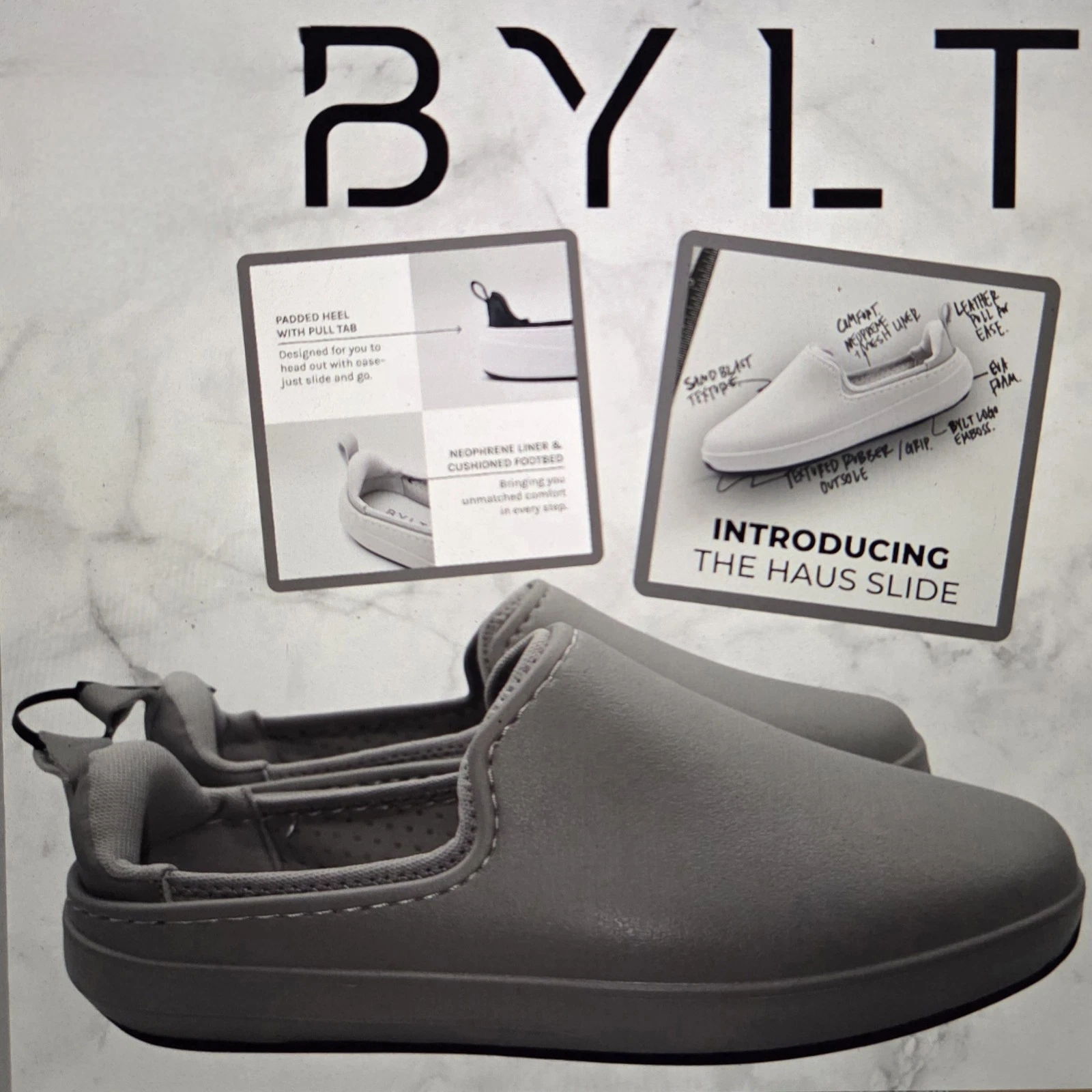 BYLT Haus Slide Mens 10 Dove Gray Slip On Comfort Shoes Neoprene Padded Heel NEW