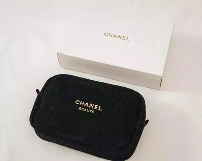 CHANEL Beaute Cosmetic Makeup Bag Pouch Clutch Sparkling BLACK GOLD w/ Gift Box
