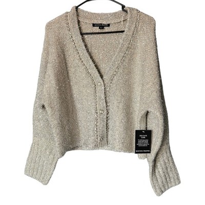 Boston Proper Silver Metallic Plush Embellished Cardigan Sweater New With Tags M