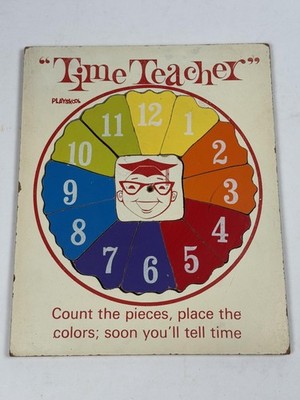 Vintage Playskool Time Teacher Wooden Clock Puzzle Educational Toy Kids Colors
