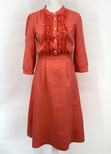 J Crew Shirt Dress Womens 0 Orange Linen Ruffle Front Midi 3/4 Sleeve Office