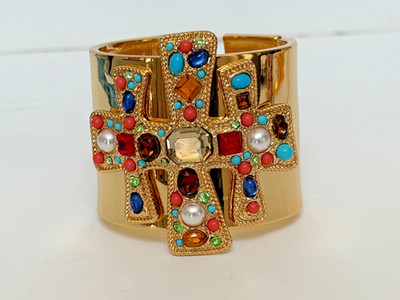 Kenneth Jay Lane gold multicolor gem hinged cuff bracelet made in USA Hinged New