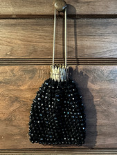 Vintage 50s-60s Black Beaded Evening Hand Bag Clutch Accordian/Gate Top Closure