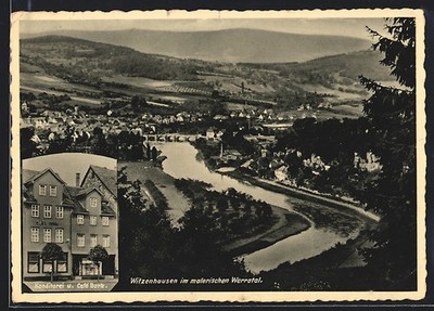 AK Witzenhausen im Werratal, Konditorei u. Cafe Bork, Flusspartie mit Brücke 