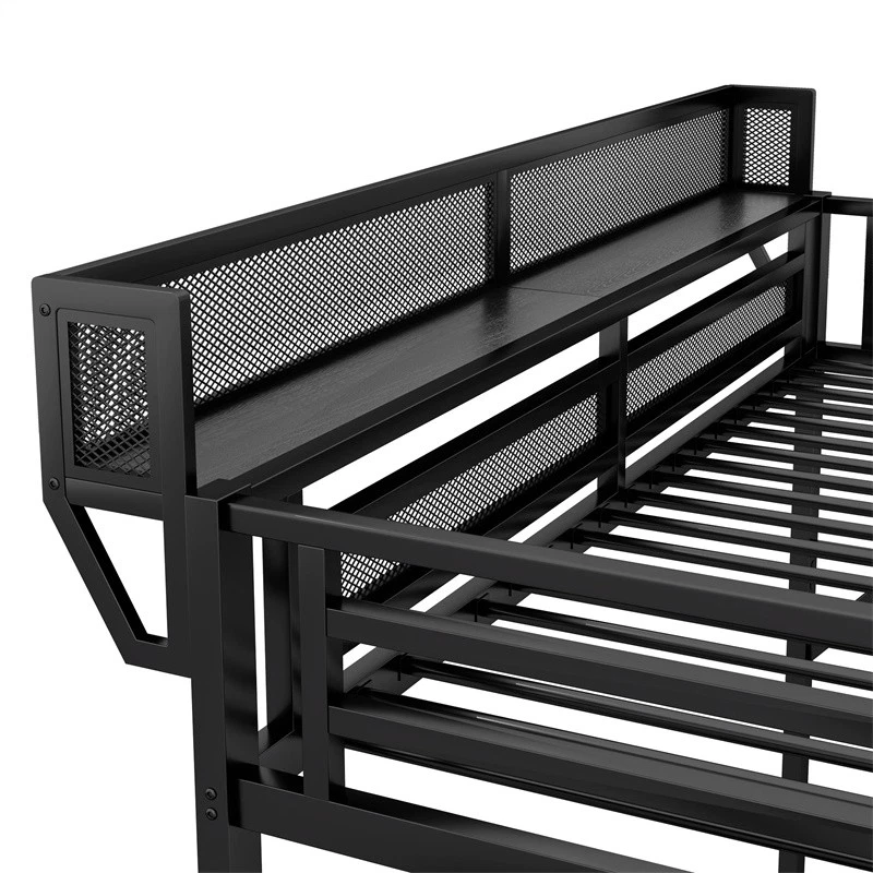 Queen Size Metal High Loft Bed w/Storage Shelves,Storage Stairs & Wardrobe,Black - Image 3 of 4