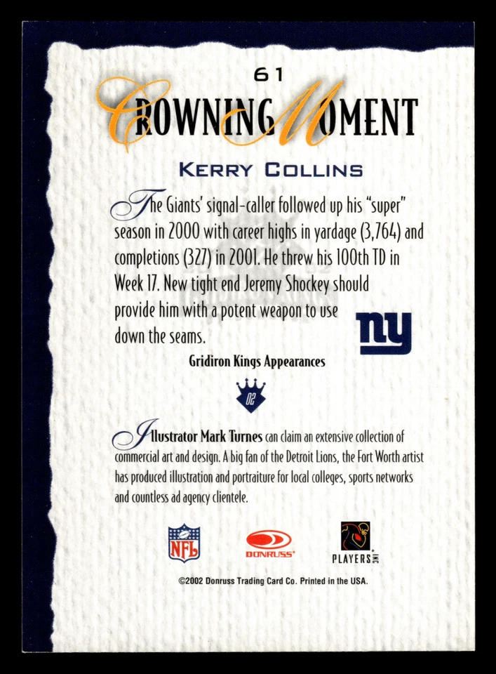 Kerry Collins 2002 Donruss Gridiron Kings #61 New York Giants - Image 2 of 2