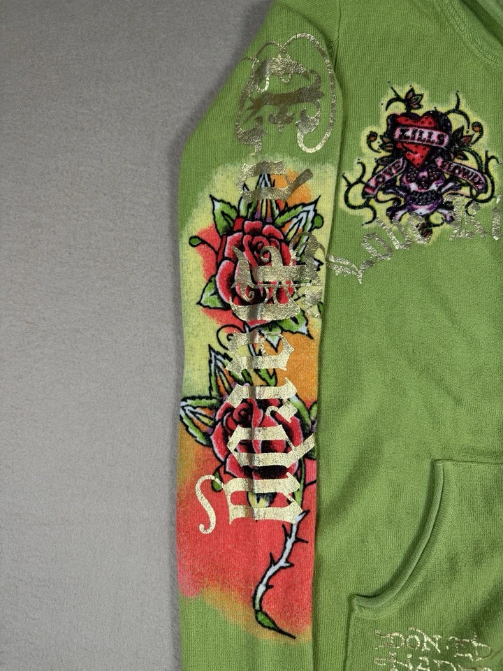 Sudadera con Capucha Ed Hardy Love Kills Slowly Cremallera Talla S Diamantes de Imitación Tatuaje Y2K De Colección Verde Foto 2 de 4
