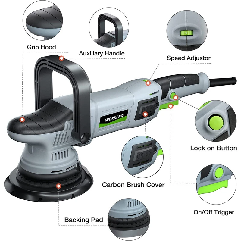 WORKPRO Pulidora Tampón 6" 1080W Doble Acción Pulidora Orbital Set 6 Velocidades Variables Foto 2 de 4