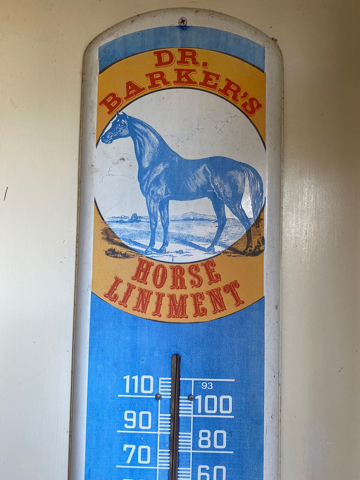 Dr Barkers Horse Liniment 38" X 8” Advertising Sign w/ Thermometer