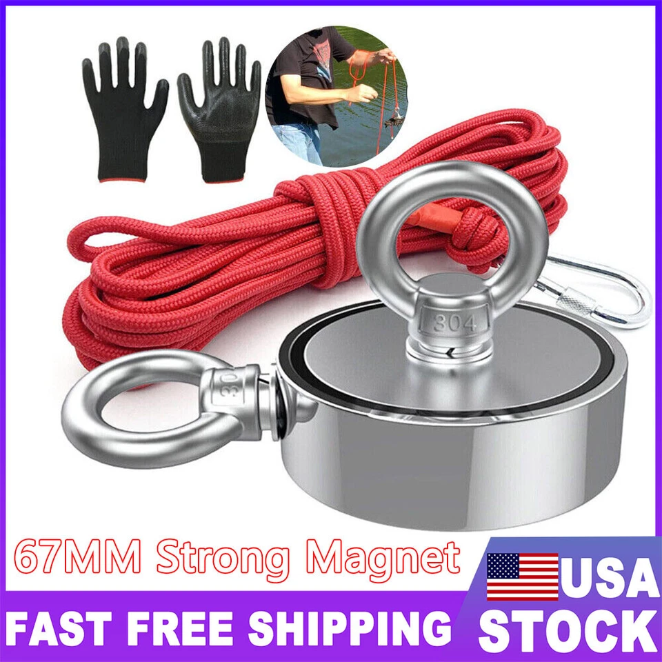 2000 LBS Strong Fishing Magnet Kit Double-Sided Pull Force and Rope Carabiner US