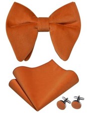 Mens Solid Plaid Velvet Pre-tied Adjustable Bow Tie and Pocket Square Rust