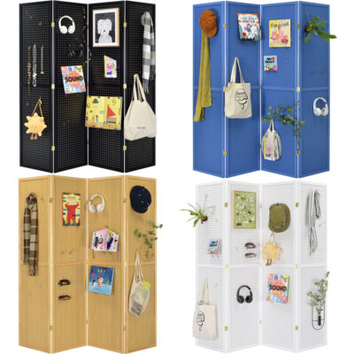 4 Panels Room Divider Folding Screen Pegboard Black, Blue, White, or Natural