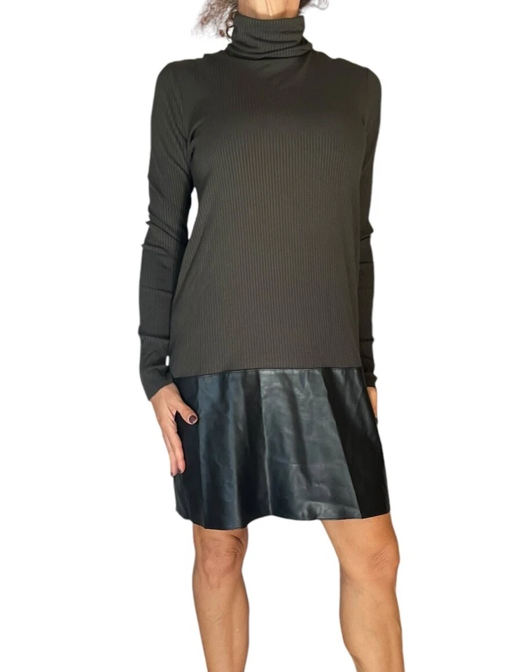 Vestido Bailey 44 PIXIE Verde Acanalado Cuero Borde Cuello Alto Cambio Medios Mixtos M Foto 3 de 4