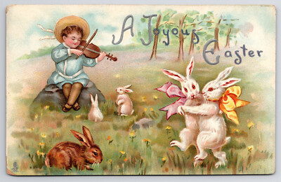 C1910 Vintage Tuck's Easter Postcard,  Boy Fiddling & Bunnies Dancing