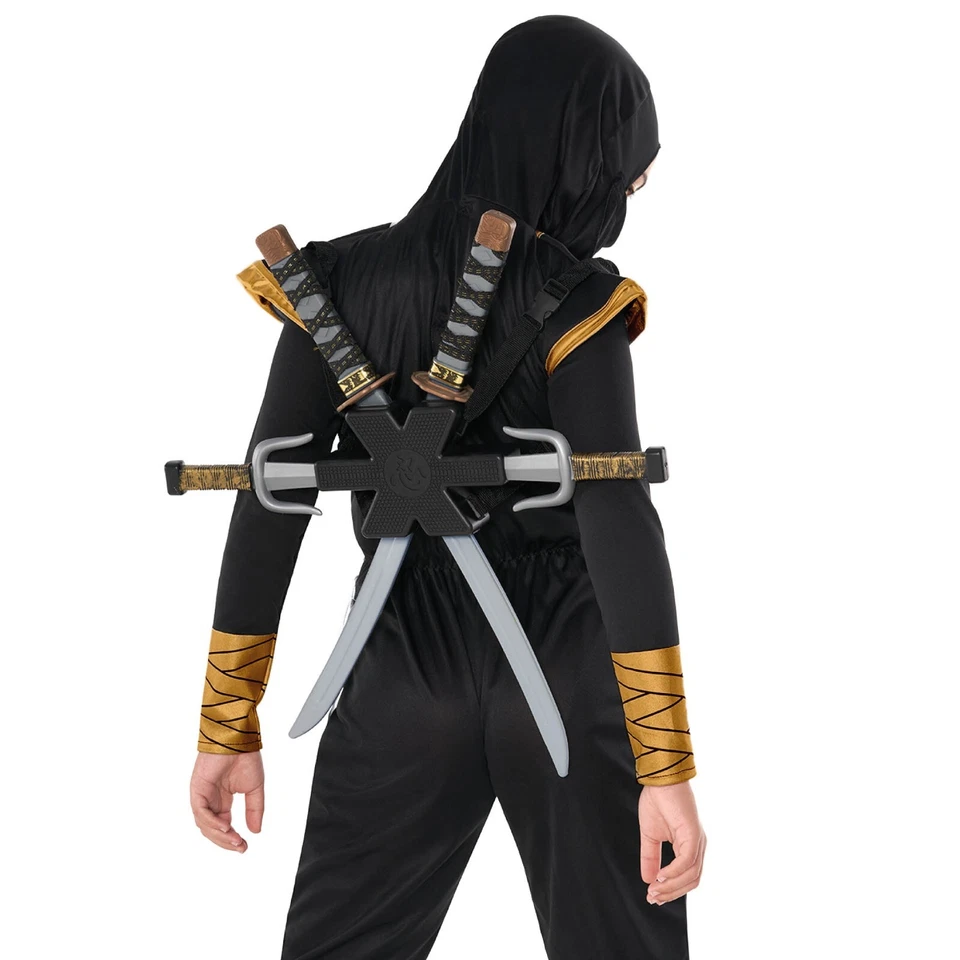 Disfraz de Ninja Dorado Negro de Lujo para Niños + Espadas de Juguete Niños Niñas Guerrero Halloween Foto 2 de 4