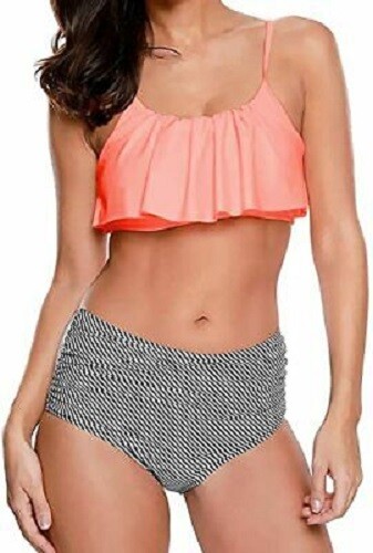 2 Stck. Retro Volant gerruchtet hochtailliert Bikini Neckholder Hals Koralle/Schwarz Größe Small - Bild 3 von 5