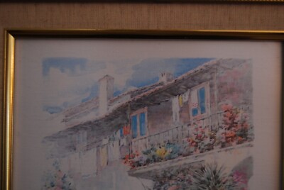 FRAMED SIGNED COLOR PRINT FLOWERED ANTIQUE ITALIAN BUILDING VIEW