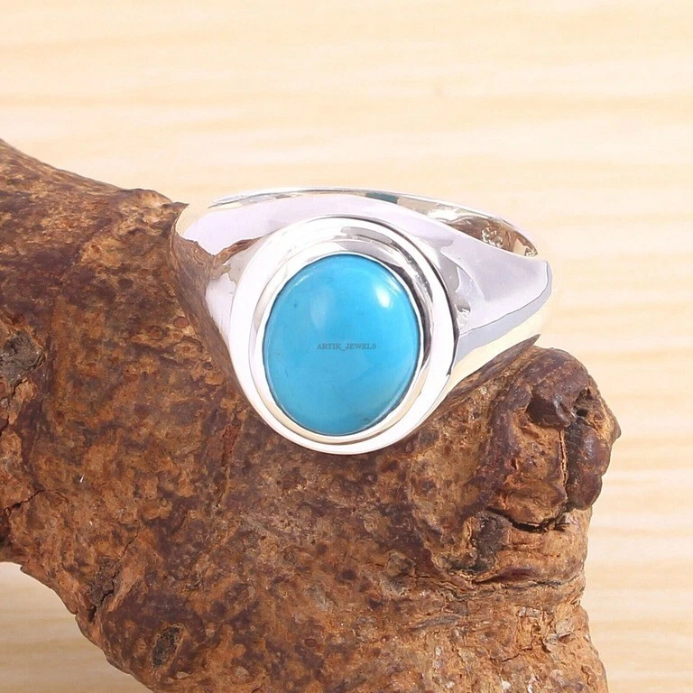 Piedra preciosa turquesa natural con anillo de plata enchapado en oro blanco de 14K para hombre #163 Foto 4 de 4