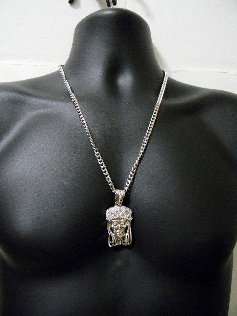 Cuban Link Chain Silver Crystal Jesus Piece Pendant Necklace Hip Hop Rap Style