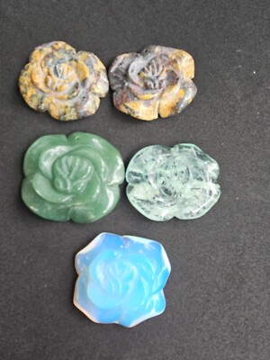Lot Of 5 Pendants. Natural Gemstones/Rock Carved Into Roses. Drilled Hole.