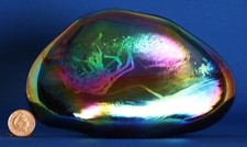 JOHN DITCHFIELD GLASFORM - LARGE IRIDESCENT LANDSCAPE PEBBLE PAPERWEIGHT, 6.5" W