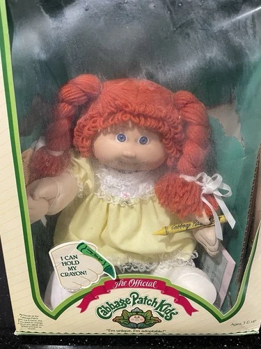 Cabbage Patch Kids Baby Doll Red Curly Hair Yellow Dress Crayon Original Box