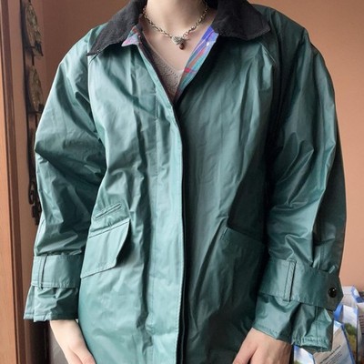 Misty Harbor Green Long Rain Coat Plaid Lined Collared /  Petite Large