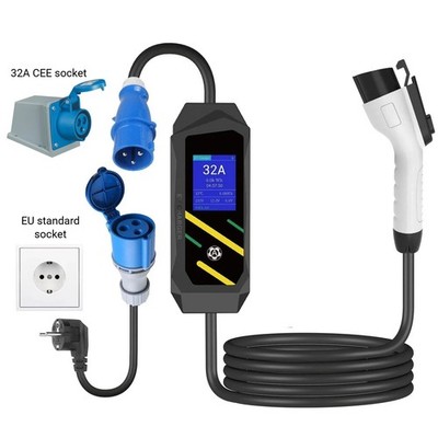 Type 1 Mobile EV Charger, 7kW 1-phase, 32A Blue CEE + EU Schuko Adapter, 5Meter