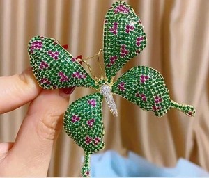 Authentic 2Ct Round Cut Lab-Created Green Emerald Butterfly Brooch 14K Yellow Gold Plated