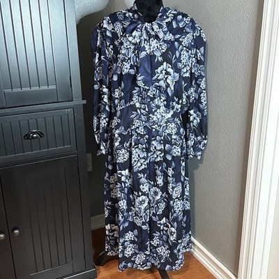 VTG Bechamel Blouse Maxi Skirt Set Size 14 / 16 Bow Navy Floral Cottagecore