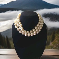 Vintage 1950s 3-Strand Faceted Faux Pearl Collar Necklace, Ornate Filigree Clasp