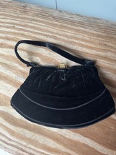 L M Black Velvet Clutch Purse Vintage 50s Evening Bag Kiss Lock Top Handle