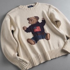 Polo by Ralph Lauren Men Ivory Bear Sweater Knit Vintage Rare Used 90s Good JPN