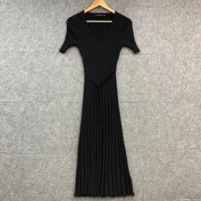 Portmans Dress Womens XS Black Ribbed Knit Midi Bodycon Short Sleeve Belt 46213