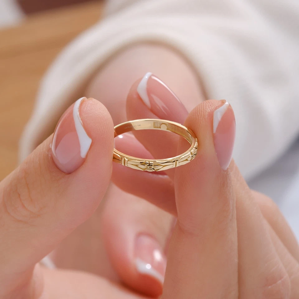 Tulip Floral Engraved Wedding Band 10K Gold Flower Pattern Ring for Women Gift - Image 2 of 4