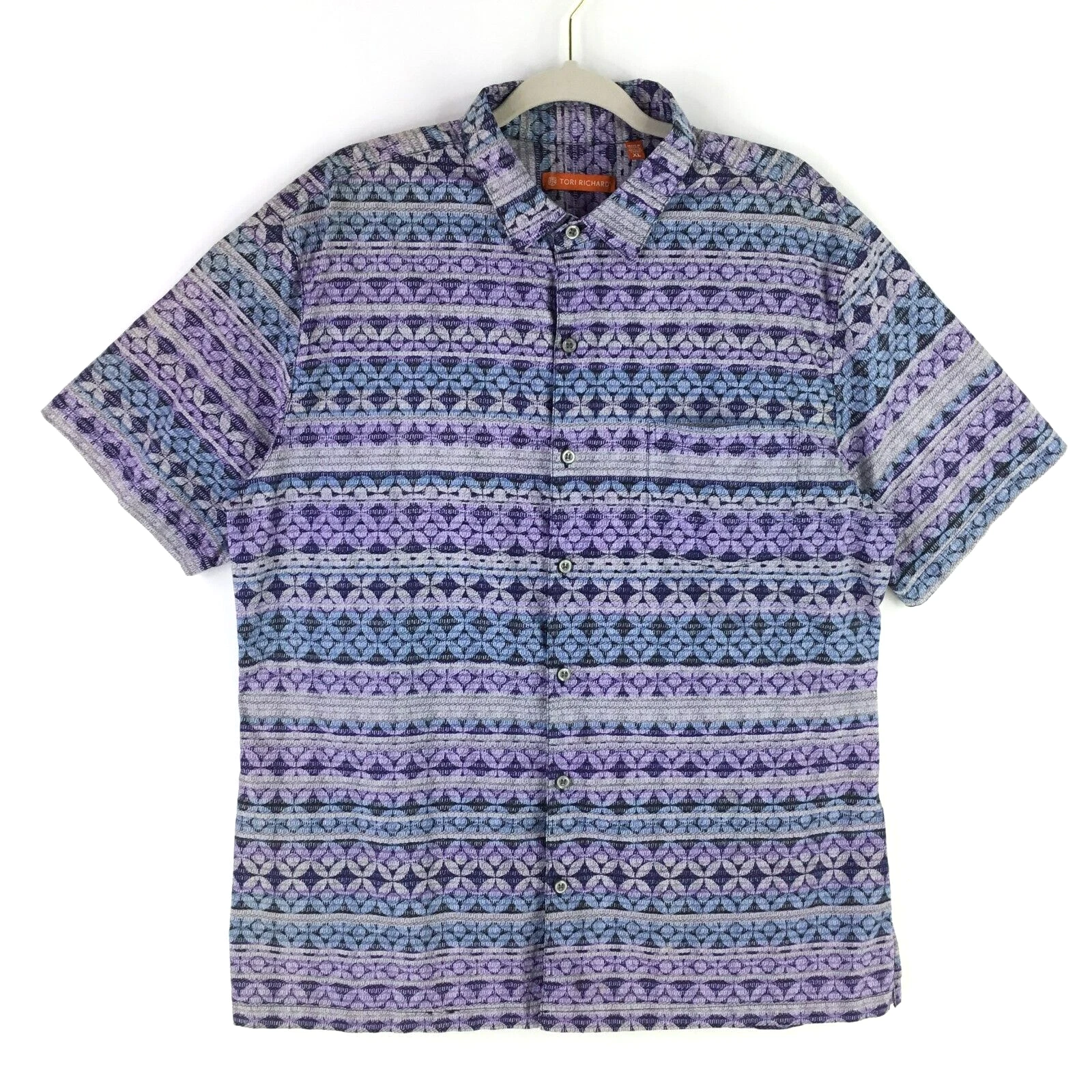 Tori Richard Hawaiian Shirt Mens sz XL Cotton Lawn Short Sleeve Geo Purple USA