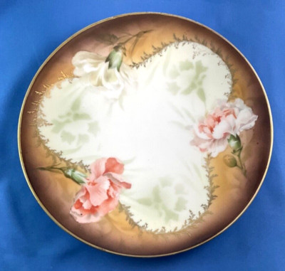 RS Prussia  Plate 8'' Carnations Pink & White Gold Accents On Rim & Plate