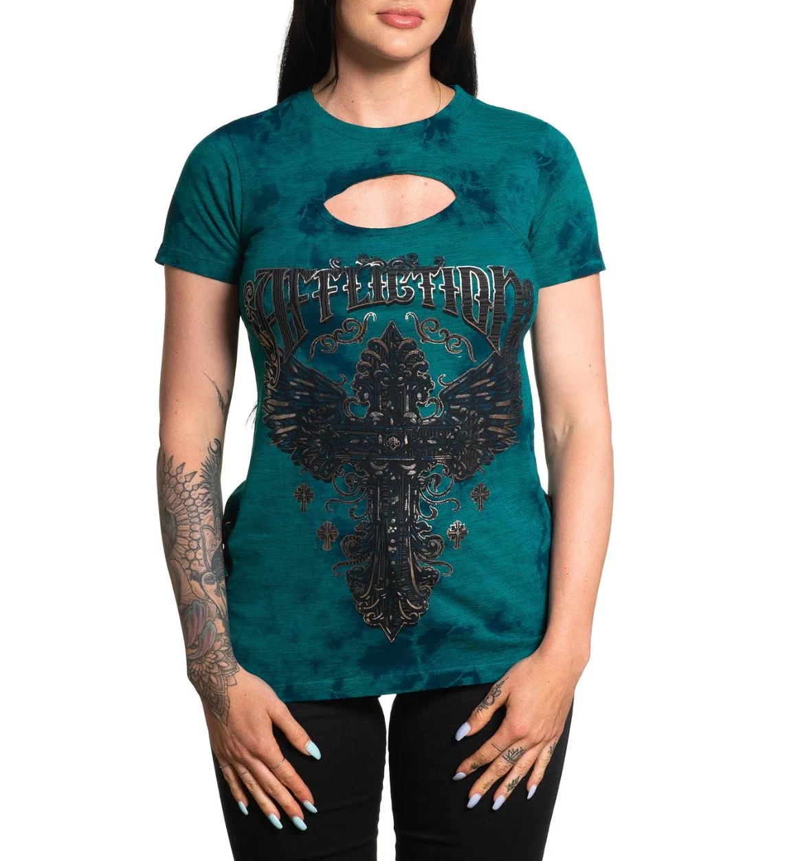 Affliction Women's “Prophecy” short sleeve cut-out neck Green Teal T-shirt NWT