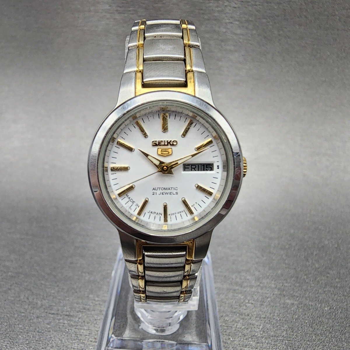 Seiko 5 Automatic Watch Women 25mm White Dial Two Tone Daydate 