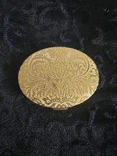 Vtg AVON Brocade Metal Refillable Ladies Solid Powder Compact w Hinged Lid