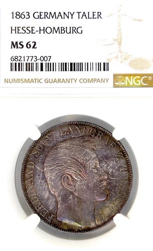 German States Hesse-Homburg 1863 Taler Coin Thaler NGC MS 62 F.STG/STG UNC RARE