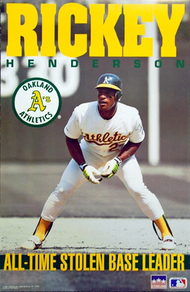 SPORTS POSTER WAREHOUSE Rickey Henderson ALL-TIME STOLEN BASE LEADER Oakland A's 1991 22x34 POSTER