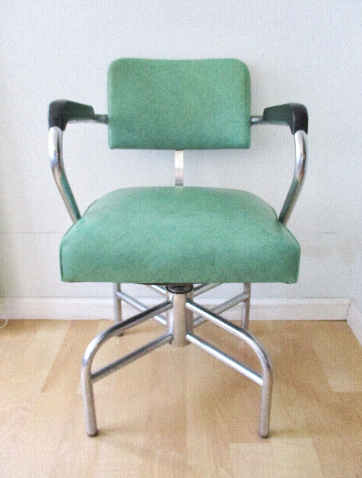Vtg Art Deco Romito Donnelly Tubular Chrome Swivel Lounge Salon Chair Green