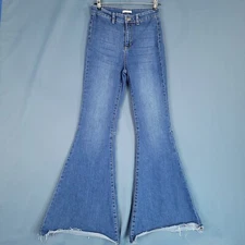 Zili Women's Denim Pants Flare Legs Frayed Bottom High Rise Blue Size 28