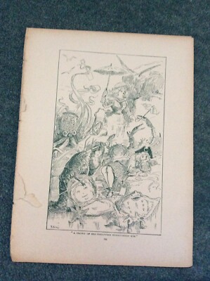 Sa21 Ephemera 1907 Vintage Exlibris - Eine Menge Meeresbewohner umgab ihn